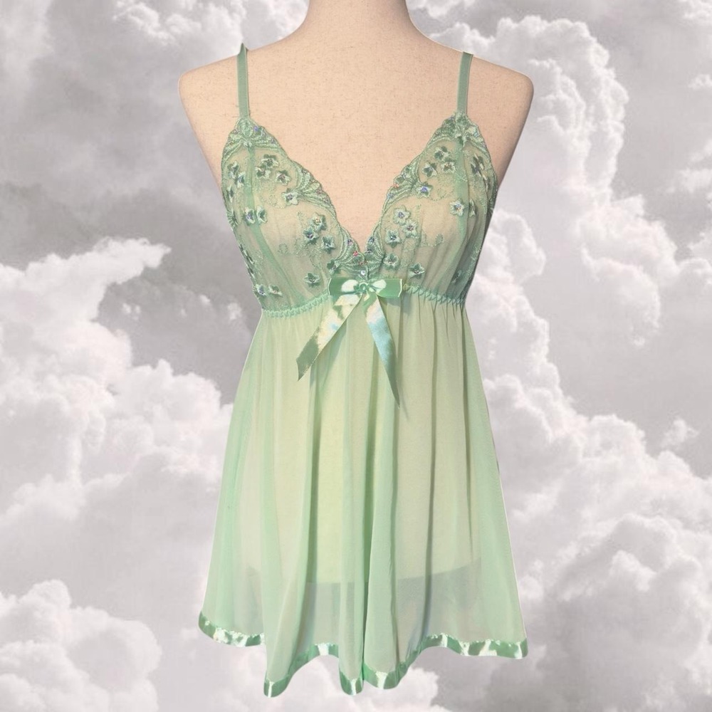 Y2K mint green sequin and lace babydoll lingerie size medium